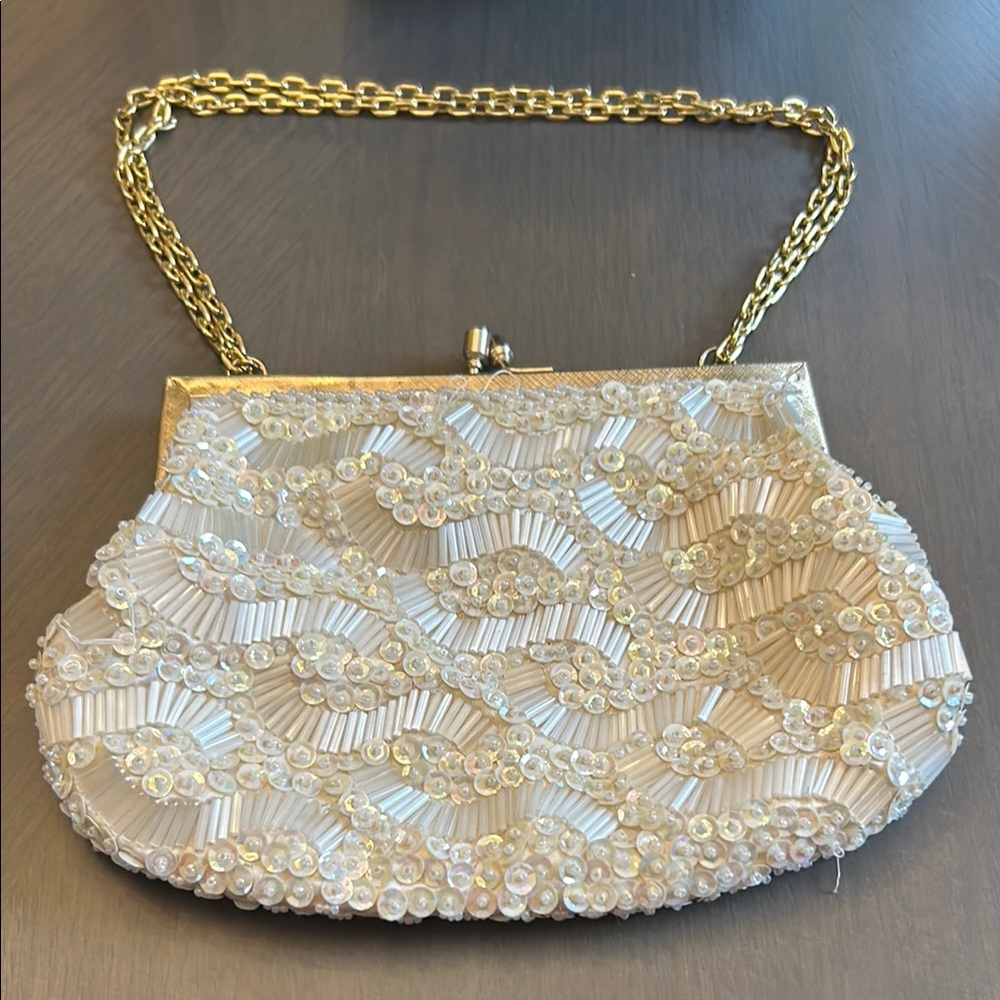 Gold Evening Clutch with Intricate Irridescent Beadwork and Chain Strap